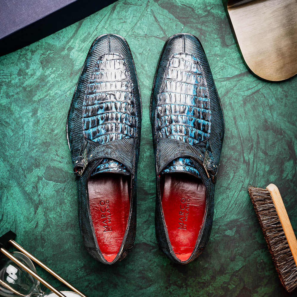 Marco Di Milano Toluca Blue / Black Jean Monk Strap Lizard & Crocodile Shoes - 8