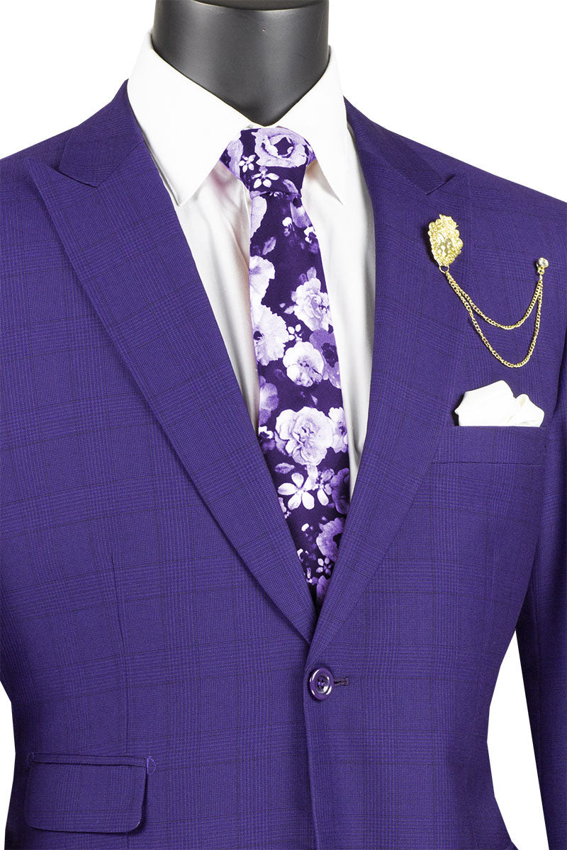 Catania Collection - Modern Fit Windowpane Suit 2 Piece in Purple - Purple