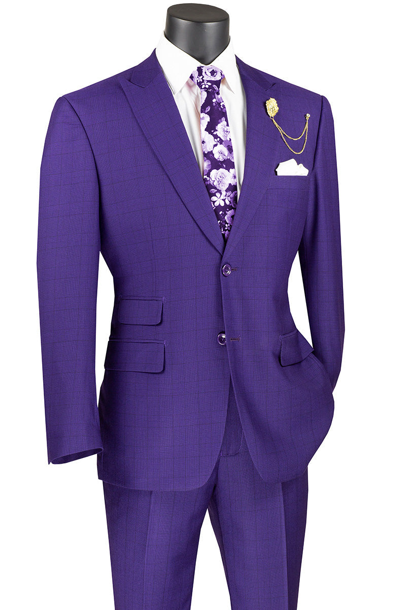 Catania Collection - Modern Fit Windowpane Suit 2 Piece in Purple - Purple