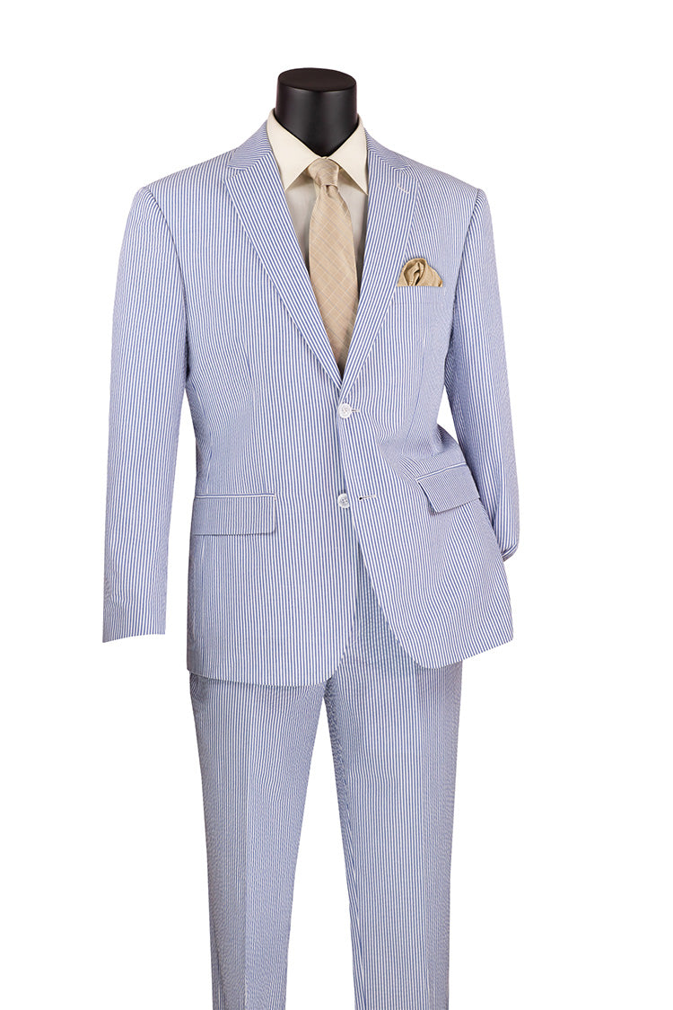 Modern Fit Summer 2 Piece 2 Button Suit Striped Seersucker in Navy - Navy
