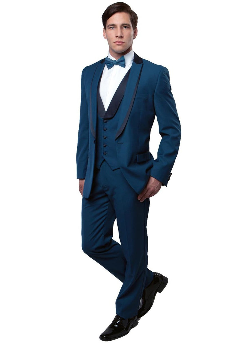 "Teal Blue Men's Fancy Tuxedo with Satin Trim and One Button Peak Lapel"