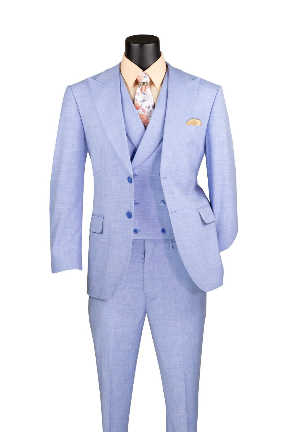 Light Blue Modern Fit 3 Piece Suit with Vest and Adjustable Waist Band Pants - Light Blue