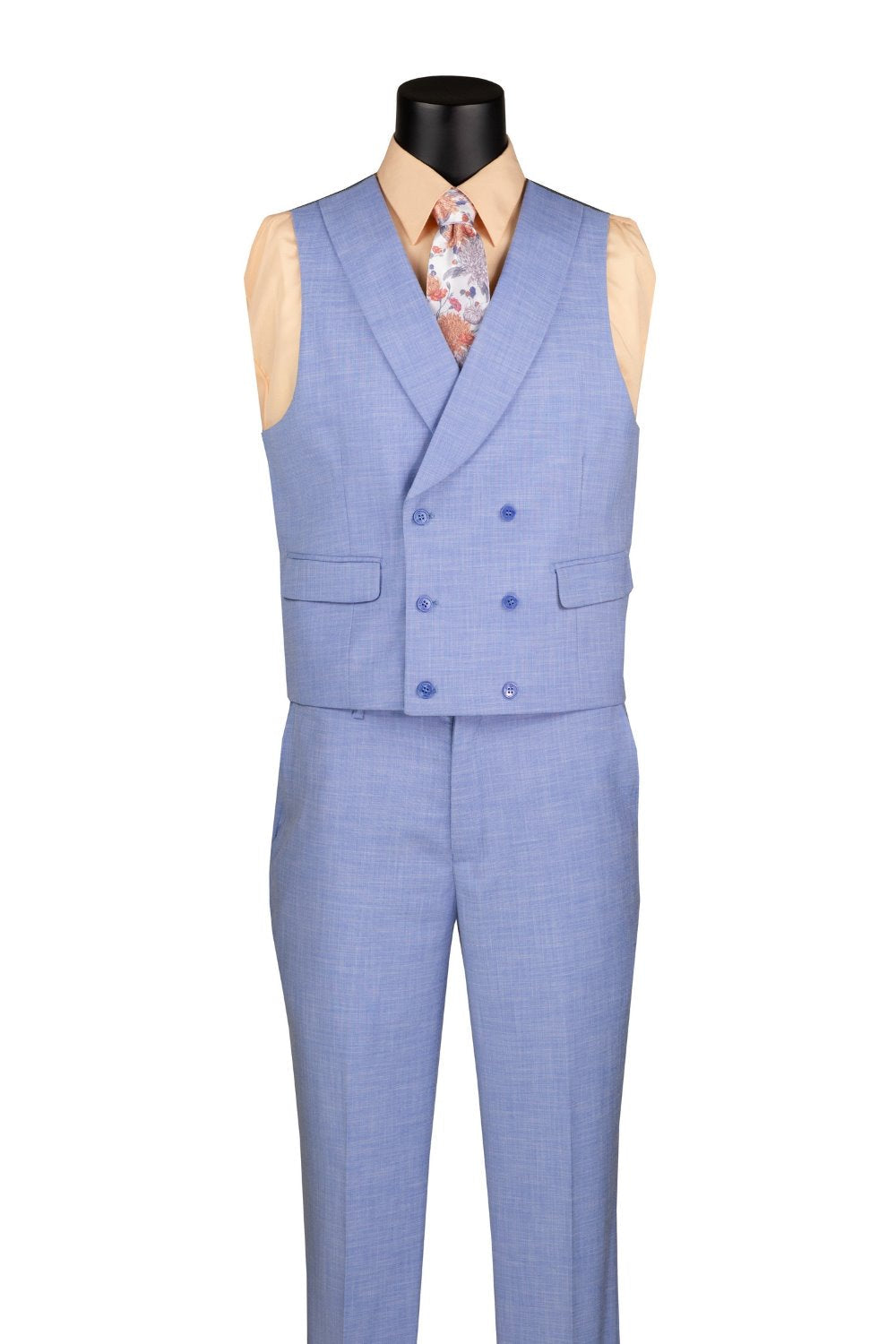 Light Blue Modern Fit 3 Piece Suit with Vest and Adjustable Waist Band Pants - Light Blue