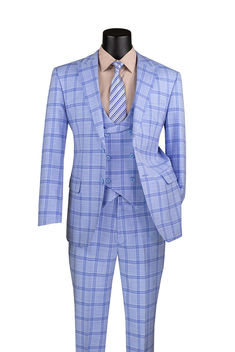 Modern Fit Windowpane Suit 3 Piece with U-Neck Vest in Light Blue - Light Blue