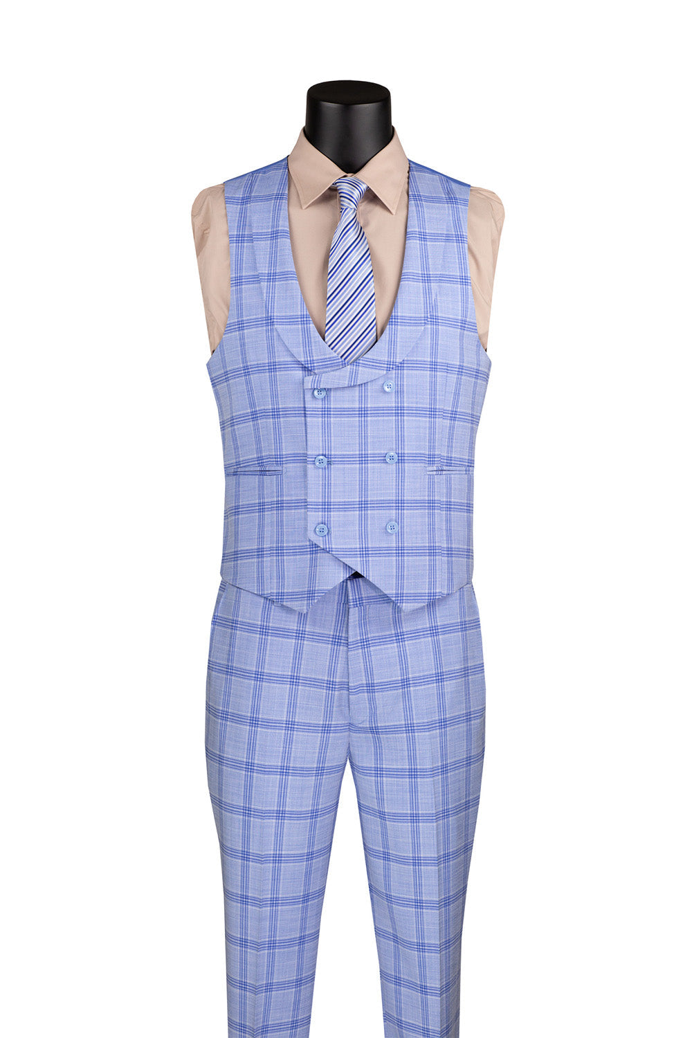 Modern Fit Windowpane Suit 3 Piece with U-Neck Vest in Light Blue - Light Blue