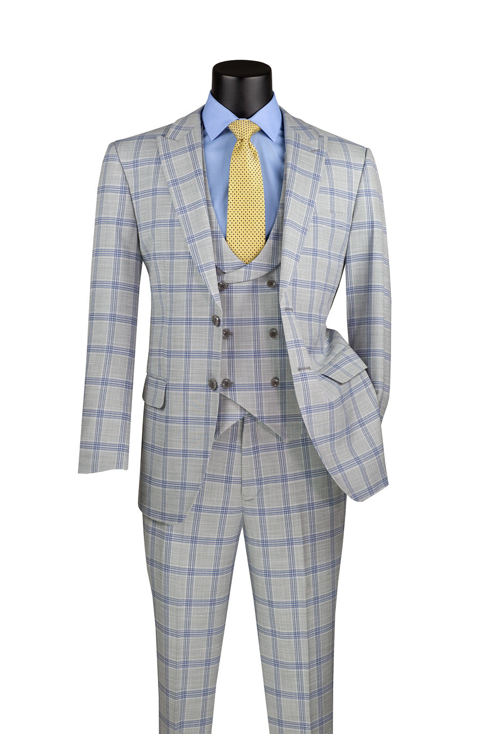 Modern Fit Windowpane Suit 3 Piece with U-Neck Vest in Light Gray - Light Gray
