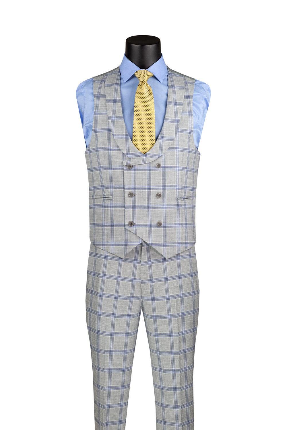 Modern Fit Windowpane Suit 3 Piece with U-Neck Vest in Light Gray - Light Gray