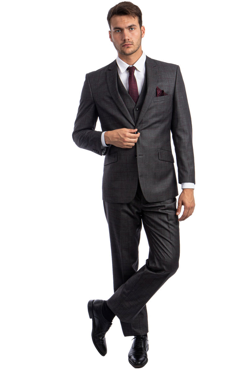 "Men's Modern Fit Wool Suit - Charcoal & Burgundy Windowpane Plaid"