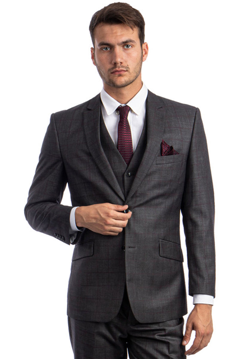 "Men's Modern Fit Wool Suit - Charcoal & Burgundy Windowpane Plaid"