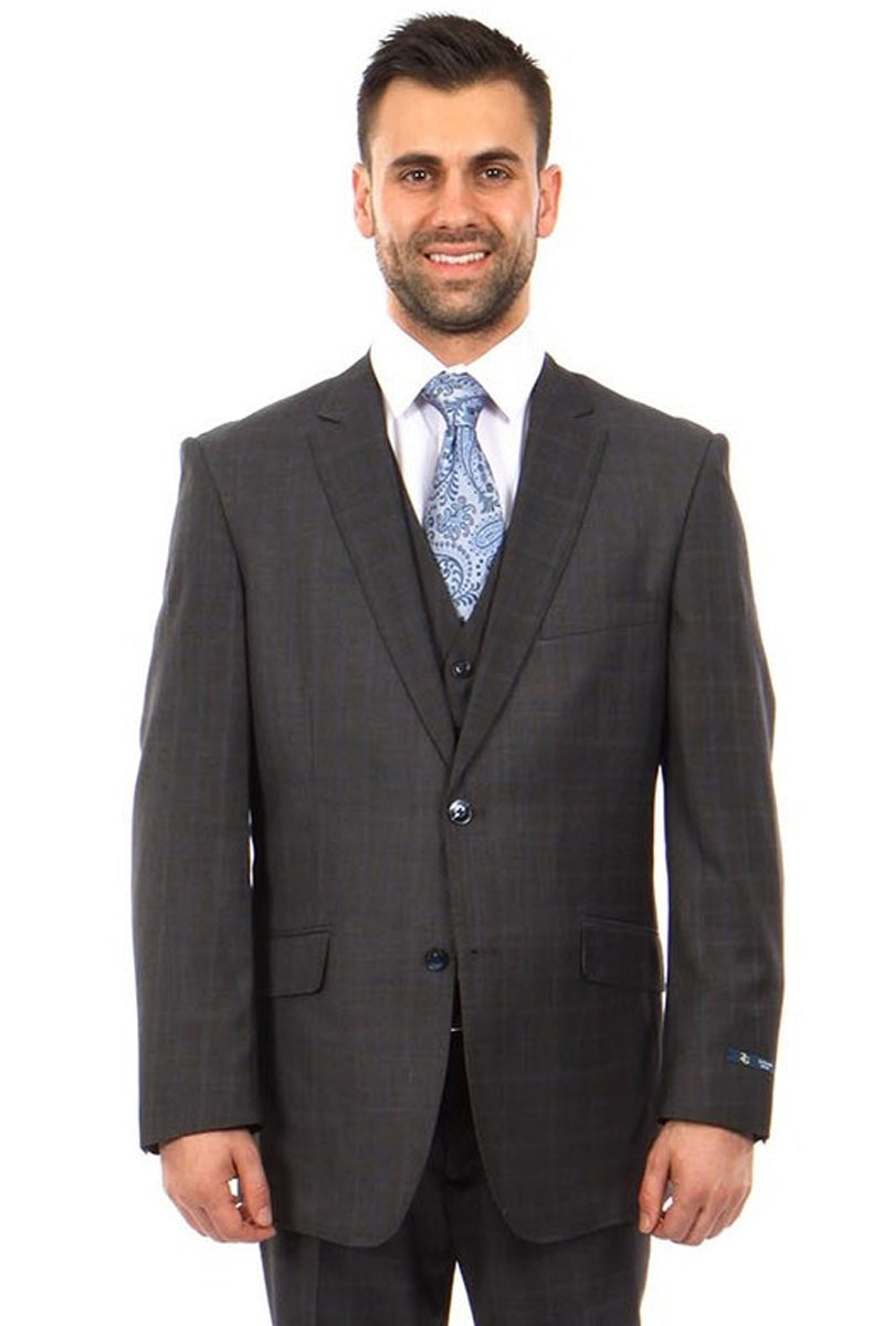 "Men's Wool Vested Suit - Modern Fit, Charcoal Grey & Blue Plaid" - 36 Short
