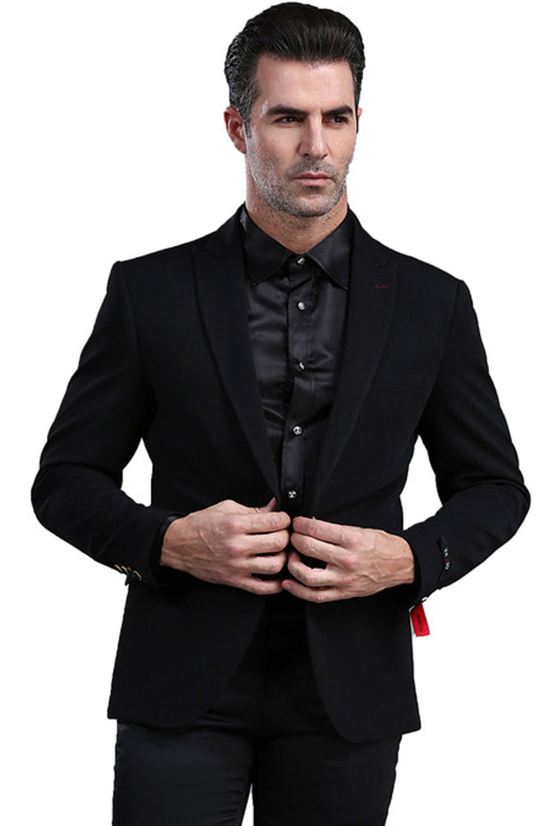 "Black Skinny Fit Blazer for Men - One Button Peak Lapel Style"