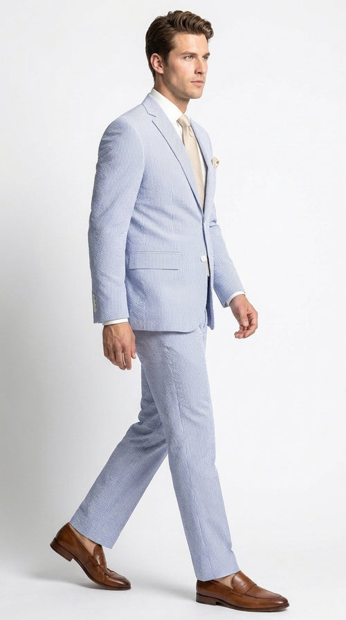 Men’s Navy Seersucker 2 Piece Suit, Modern Fit Summer Wedding Dress Suit