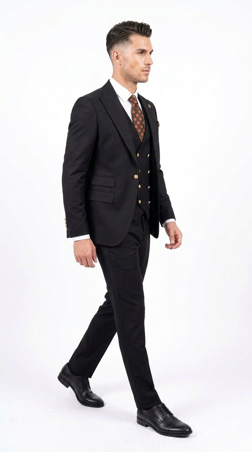 Men’s Black Double Breasted Vested Suit, 1920s 1980s Style Peak Lapel Wool Feel Designer Suit with Gold Buttons