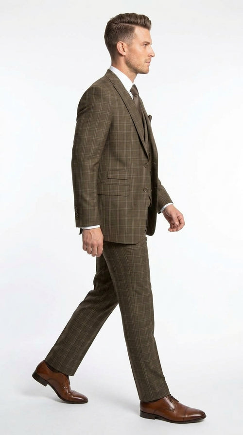 Men’s Brown Windowpane Plaid 3 Piece Suit, Double Breasted Vest Formal Wedding Business Suit