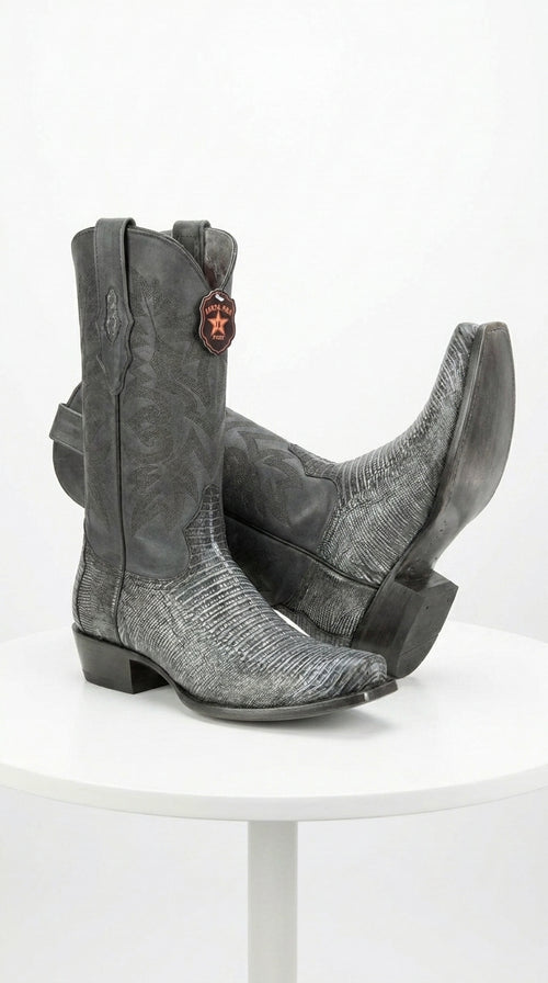 Men's Los Altos Boots 7 Toe Genuine Teju Lizard Sanded Black Leather Boots Handcrafted