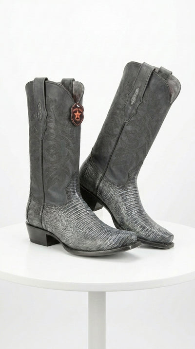 Men's Los Altos Boots 7 Toe Genuine Teju Lizard Sanded Black Leather Boots Handcrafted