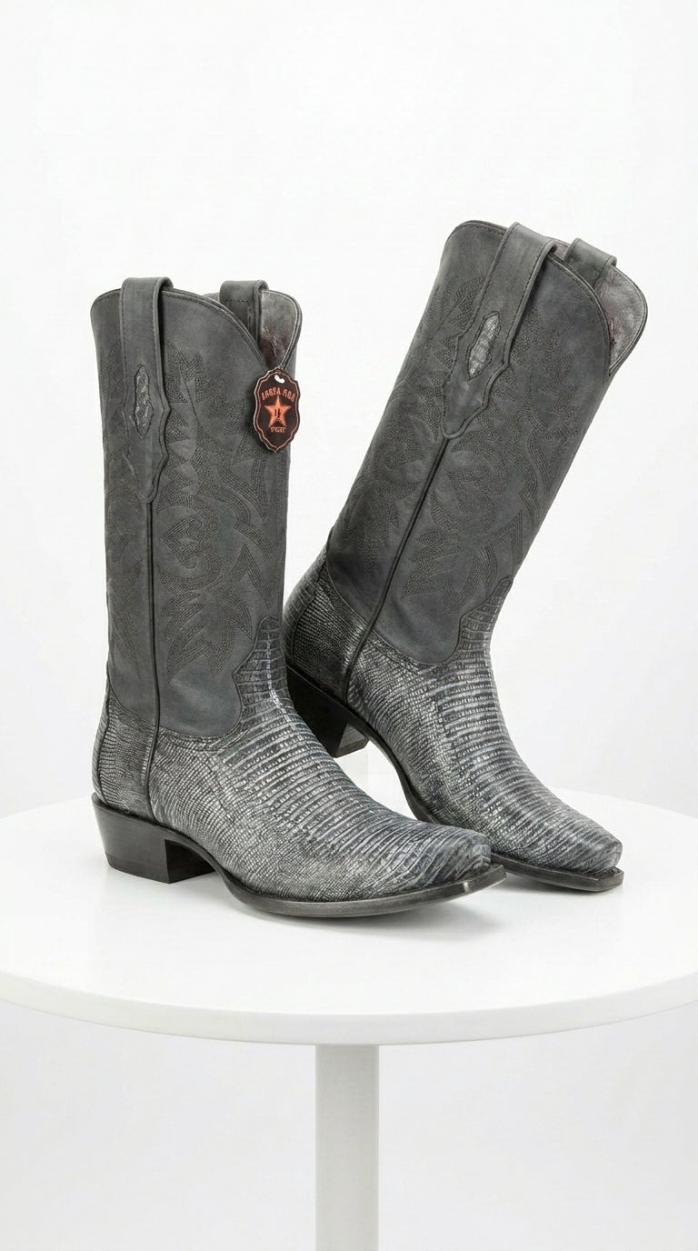 Men's Los Altos Boots 7 Toe Genuine Teju Lizard Sanded Black Leather Boots Handcrafted