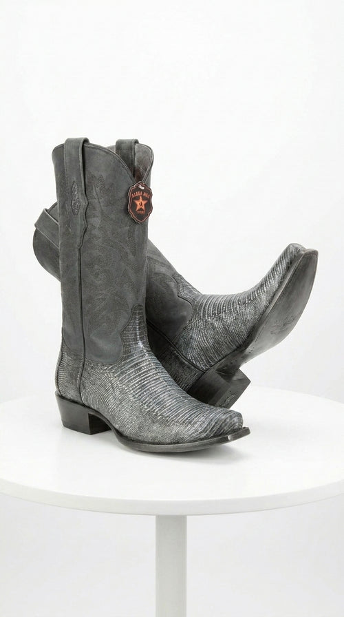 Men's Los Altos Boots 7 Toe Genuine Teju Lizard Sanded Black Leather Boots Handcrafted