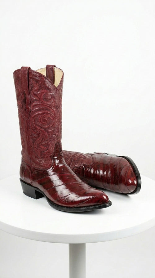 Men’s Burgundy Eel Cowboy Boots with J Toe, Exotic Leather Western Dress Boots