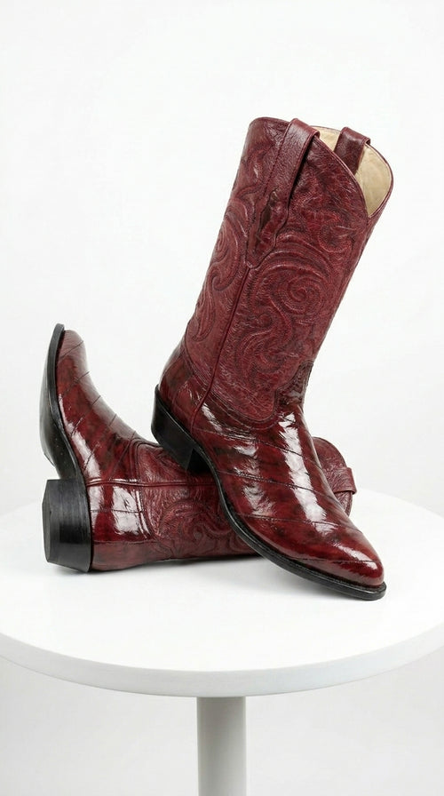 Men’s Burgundy Eel Cowboy Boots with J Toe, Exotic Leather Western Dress Boots