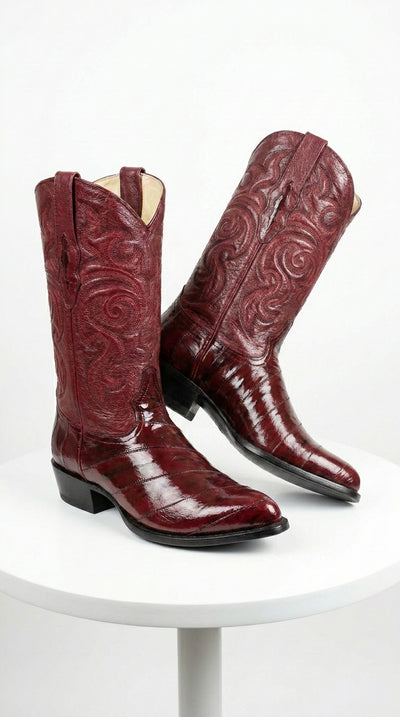 Men’s Burgundy Eel Cowboy Boots with J Toe, Exotic Leather Western Dress Boots
