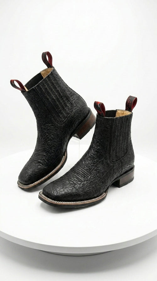 Men’s Bull Shoulder Short Cowboy Boots in Black and Brown, Western Ankle Boots with Square Toe