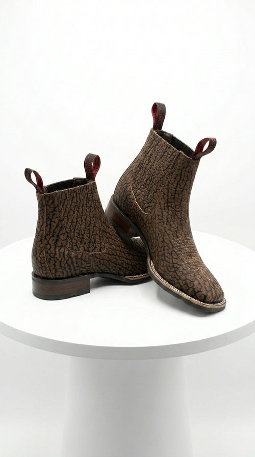 Men’s Bull Shoulder Short Cowboy Boots in Black and Brown, Western Ankle Boots with Square Toe