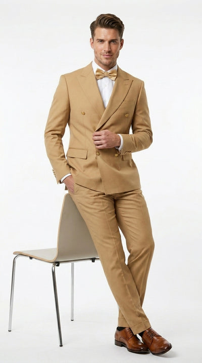 Rossiman Men’s Mustard Yellow Double Breasted Suit, Designer Fashion Dress Suit for Weddings, Prom, Parties, and Special Occasions