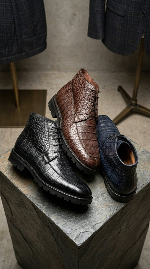 Los Altos Men’s All-Over Crocodile Lace Up Ankle Boot, Dress Boot in Black, Brown and Navy Blue