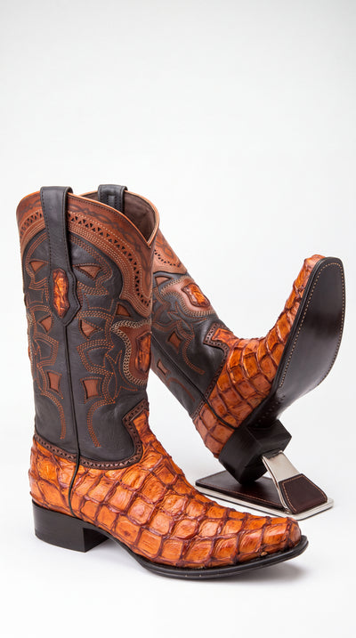 Los Altos Men’s Cognac Pirarucu Exotic Cowboy Boots – European Square Toe Western Boots