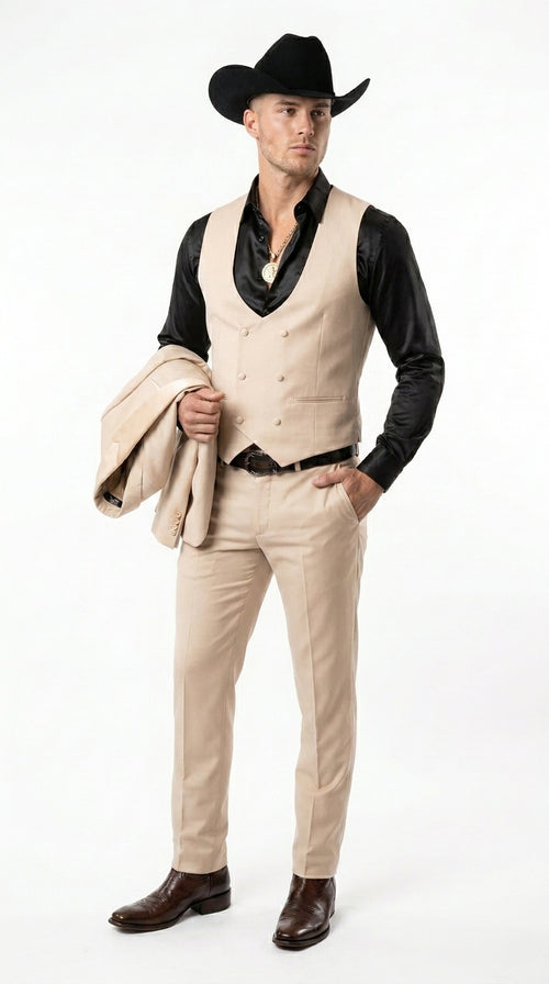 Mens Light Beige Western 3-Piece Suit – Cowboy Tuxedo with Shawl Lapel