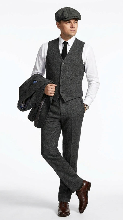 Men’s Charcoal 1920s Gangster 3 Piece Suit, Great Gatsby Formal Outfit for Weddings, Prom, Parties, and Theme Events