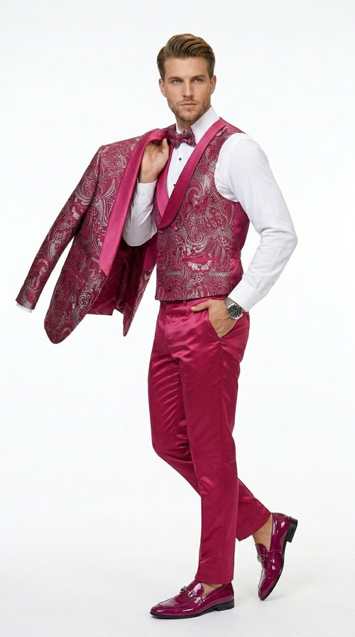 Statement Men’s Red Patterned Vested Tuxedo with Bowtie, Paisley Formal Wedding Prom Suit Set