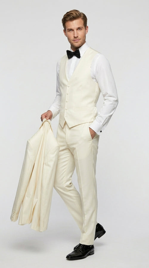 Statement Men’s Off White 100% Wool Vested Tuxedo with White Lapel, Wedding Prom Formal Suit Set