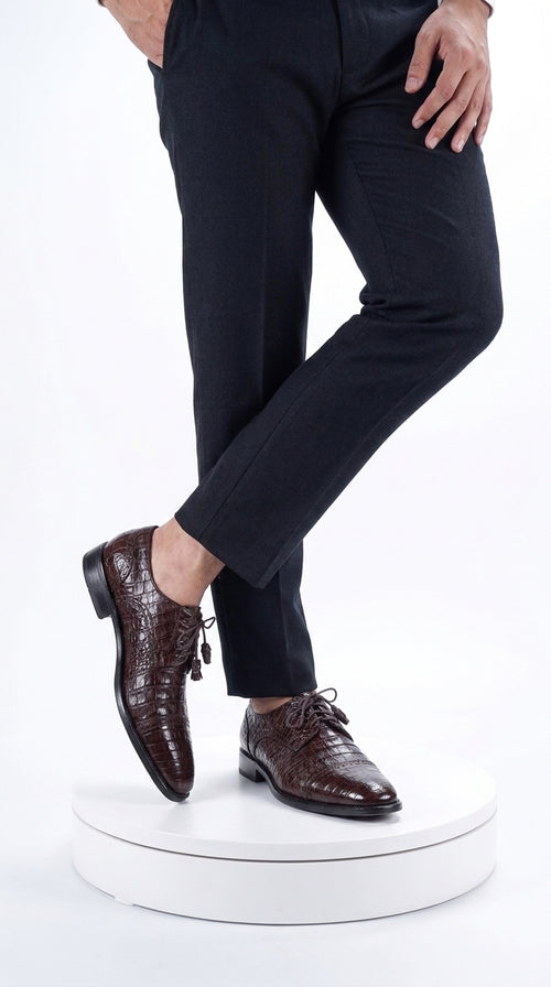 Men’s Original Exotic Caiman Belly Skin Shoes ZV098207, Brown Lace-Up Formal Dress Shoes