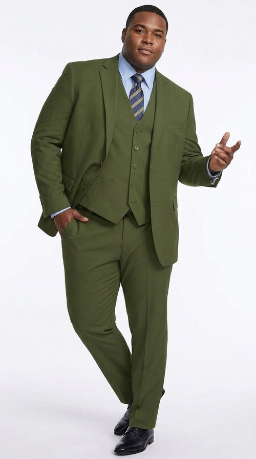 Men’s Olive Classic Fit 3 Piece Suit, Flat Front Vested Formal Wedding Business Suit