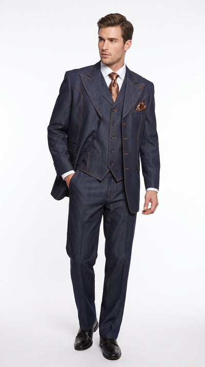 Men’s Navy Blue Denim 3 Piece Suit, Vested 4 Button Wide Peak Lapel Dress Suit