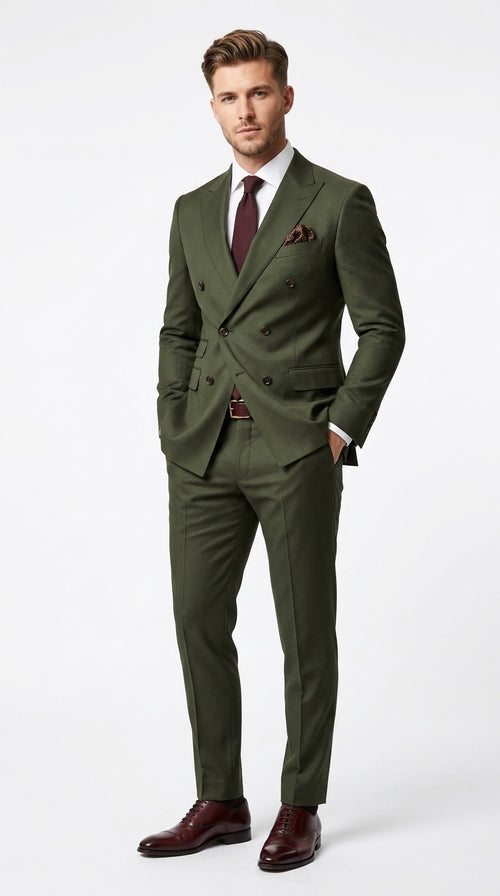 Men’s Dark Green Double Breasted Suit, Classic Formal Wedding Business Dress Suit