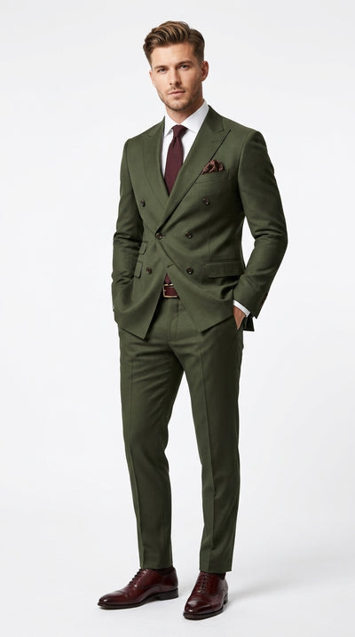 Men’s Dark Green Double Breasted Suit, Classic Formal Wedding Business Dress Suit