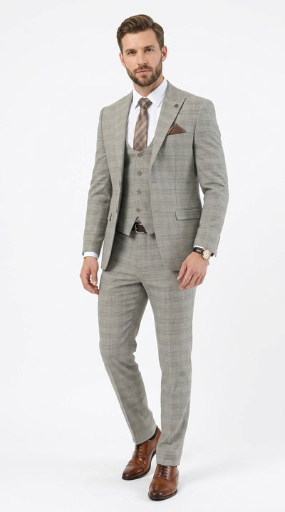 Men’s Khaki Glen Plaid Stacy Adams 3 Piece Suit, Two Button Peak Lapel Formal Wedding Suit Set