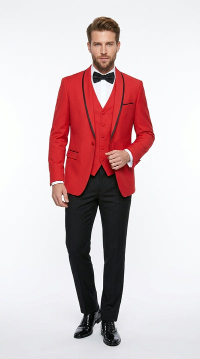 Statement Men’s Red 100% Wool Vested Tuxedo with Black Trim Fine Lapel, Wedding Prom Formal Suit Set