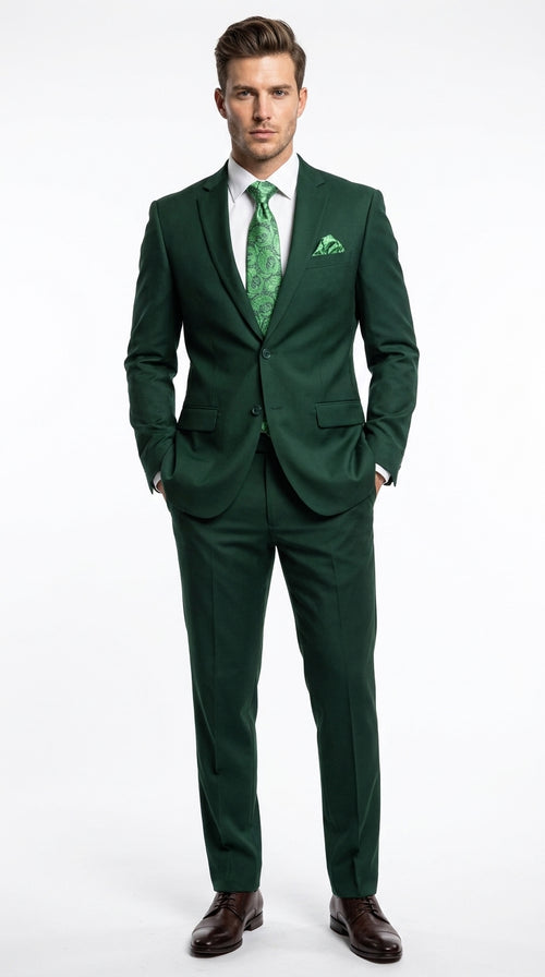 Men’s Green 2 Button Classic Fit Poplin Suit, Affordable Formal Wedding Business Dress Suit