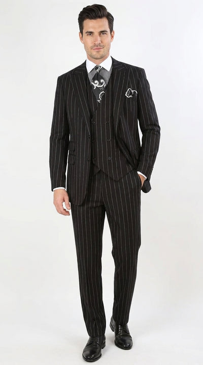 Royal Diamond Men’s Black Pinstripe 3-Piece Suit – Classic Wedding, Business and Formal Suit with Vest