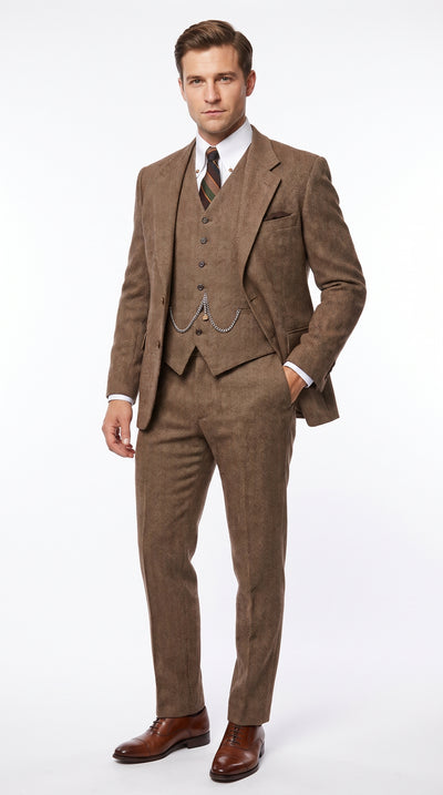 Men’s Light Brown Great Gatsby Tweed Herringbone Vested Suit, Tobey Maguire Inspired 1920s Formal Outfit