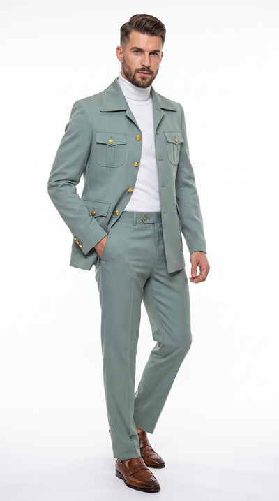 Men’s Olive Green Safari Suit Set, Utility Jacket and Adjustable Waist Pants Casual Outfit