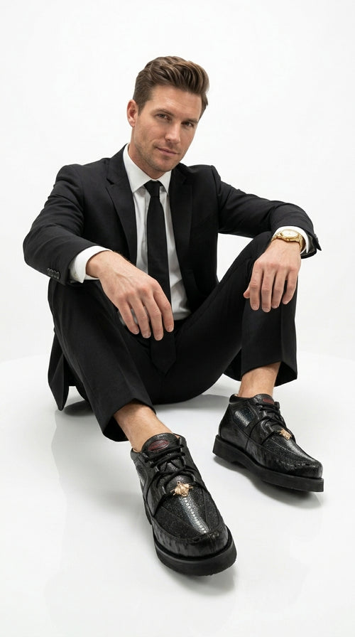 Los Altos Men’s Black Stingray and Ostrich Skin Casual Shoes, Exotic Lace Up Ankle Dress Shoes