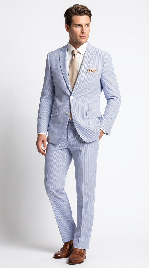 Men’s Navy Seersucker 2 Piece Suit, Modern Fit Summer Wedding Dress Suit