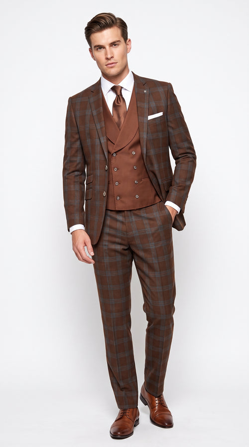Men’s Copper Plaid Modern Fit Wool Suit, 3 Piece Formal Suit with Double Breasted Vest