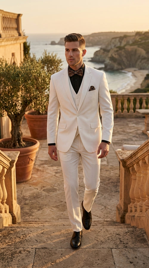 Men’s Off White 100% Wool Vested Suit, Solid Formal Wedding Prom 3 Piece Suit Set