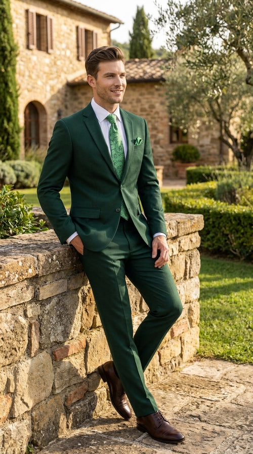 Men’s Green 2 Button Classic Fit Poplin Suit, Affordable Formal Wedding Business Dress Suit